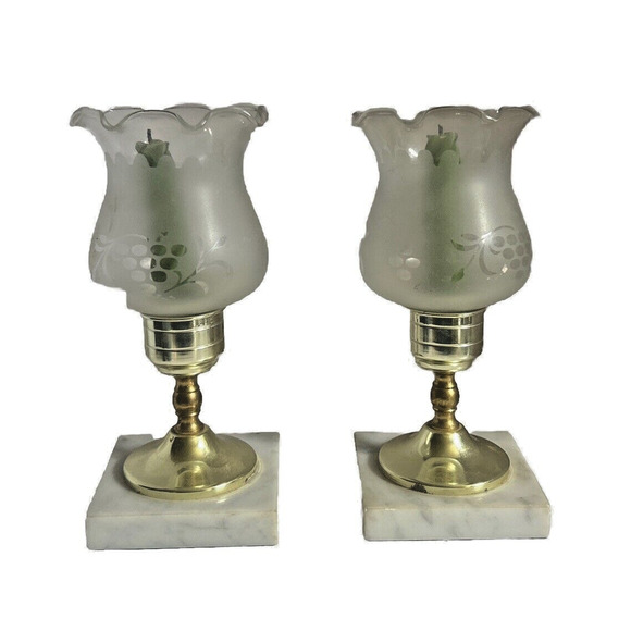 Unbranded Other - Vintage Candle Holder Brass with Marble Base 2 Candlestick Holders and Globes